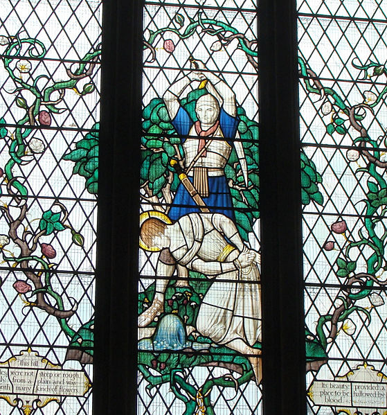 Stained glass in St Albans Cathedral in England, showing the death of Saint Alban