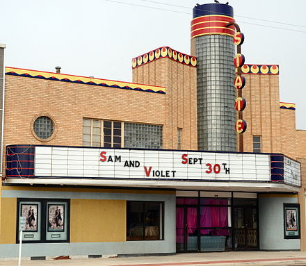A movie theater in the Pueblo Deco style—something you can only find in New Mexico.