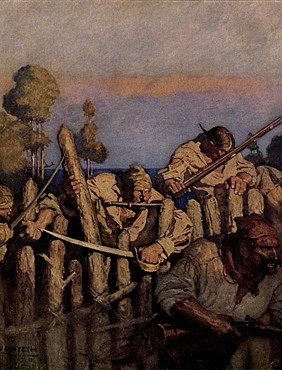 Pirates, armed with rifles, knives and swords, climb over a palisade of logs.