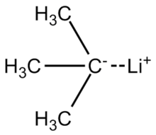 Skeletal formula of tert-butyllithium with all implicit hydrogens shown, and partial charges added