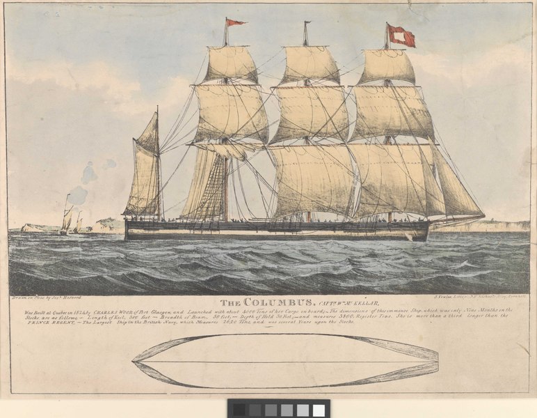 File:The Columbus, Captn. Wm McKellar, was built at Quebec 1824 by Charles Wood, of Port Glasgow, (gives dimensions and with plan of hull) RMG PY0540.tiff