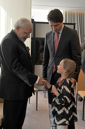 The Leader of the Liberal Party of Canada, Mr. Justin Trudeau calls on the Prime Minister, Shri Narendra Modi, accompanied by his daughter, in Toronto, Canada on April 16, 2015.jpg