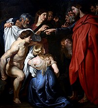 La résurrection de Lazare, huile sur toile de Pierre Paul Rubens (1625, galerie Sabauda). (définition réelle 5 276 × 5 798)