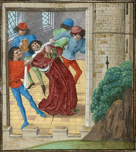 The murder of Thomas of Woodstock in Calais by Colfox's gang, from Froissart's Chroniques. Thomas of Woodstock.jpg