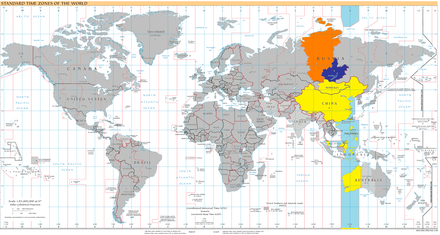 The UTC+08:00 time zone coloured yellow on a world map