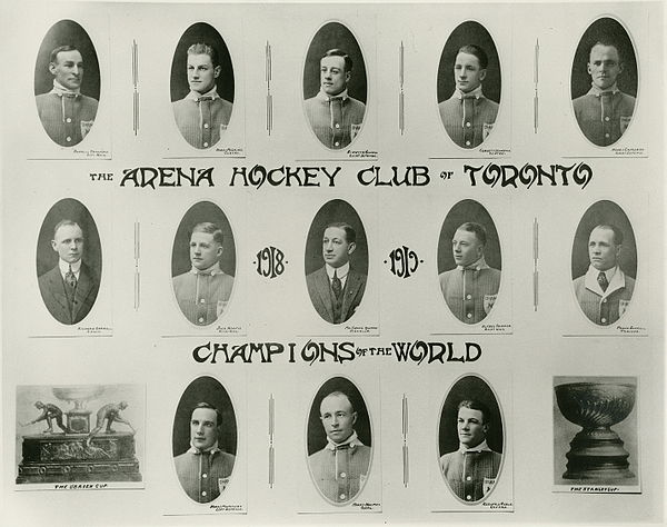 1917–18 season Toronto Arenas. Top row, from left: Rusty Crawford, Harry Meeking, Ken Randall, Corbett Denneny, Harry Cameron. Middle row, from left: 