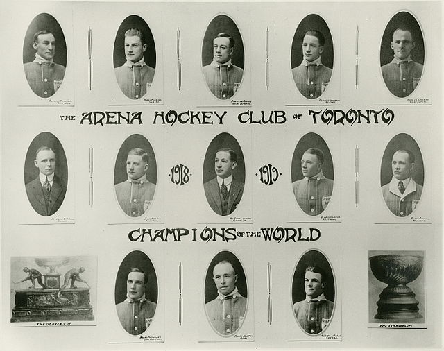 1917–18 season Toronto Arenas. Top row, from left: Rusty Crawford, Harry Meeking, Ken Randall, Corbett Denneny, Harry Cameron. Middle row, from left: 
