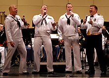 Barbershop quartets, such as this US Navy group, sing 4-part pieces, made up of a melody line (normally the second-highest voice, called the "lead") and 3 harmony parts. US Navy 080615-N-7656R-003 Navy Band Northwest's Barbershop Quartet win the hearts of the audience with a John Philip Sousa rendition of.jpg