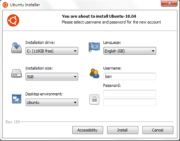 Capture d'écran de Wubi, alors qu'il est sur le point d'installer Ubuntu 10.04 LTS