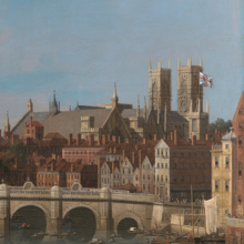 Détail d'une veduta de 1747 de Canaletto : le Union Flag au-dessus de l'église Sainte-Marguerite de Westminster, à côté de Westminster Hall et de l'abbaye de Westminster.