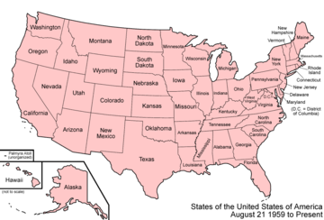 An enlargeable map of the United States as it has been since Hawai`i was admitted to the Union on August 21, 1959. United States 1959-08-present.png