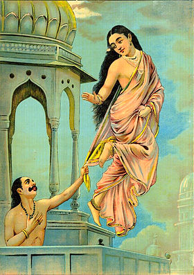 Urvashi y Pururavas pintados por Raja Ravi Varma