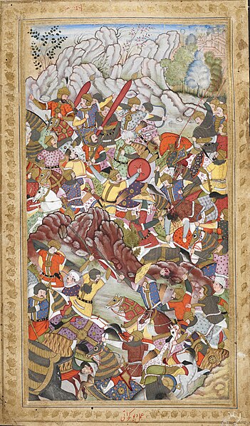 The battle of Panipat between the armies of Babur and Ibrahim Lodi (1526). Babur was invited by Daulat Khan Lodi to enter India and defeat Ibrahim Lod