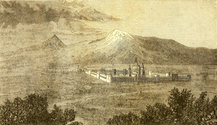 "View of Ararat and the Monastery of Echmiadzin", from the 1846 English translation of Friedrich Parrot's Journey to Ararat