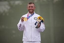 Vincent Hancock won a gold medal in the men's skeet competition. He became the first skeet shooter to win three gold medals in Olympic history having previously won in 2008 and 2012. Vincent Hancock wins gold in men's skeet at the 2020 Summer Olympic Games (51352451809).jpg