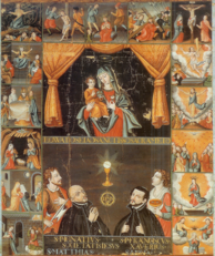 Virgin Mary with Infant Jesus and Her Fifteen Mysteries. Bottom centre: Ignatius of Loyola (left) and Francis Xavier (right)