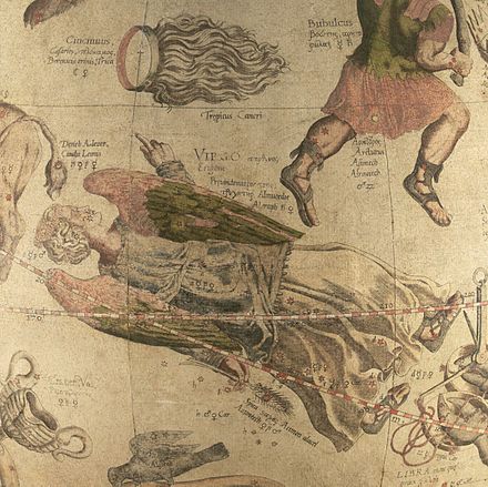 Созвездия на небесном глобусе 1551 года картографа Меркатора. Созвездие Волосы Вероники — в верхнем левом углу
