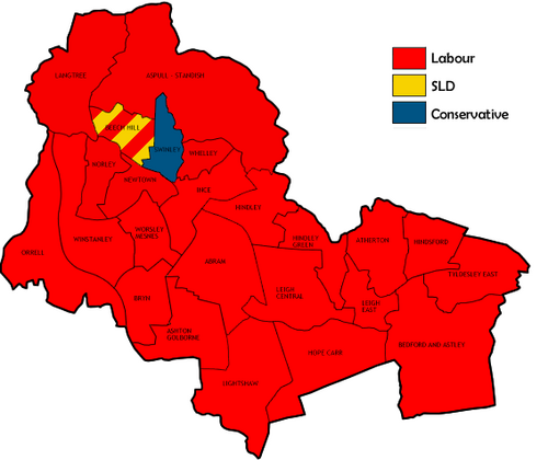 Map of the results of the 1988 Wigan council election. Wigan86.png