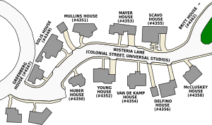 A map of a fictional cul-de-sac showing the locations and numbers of characters' houses, represented by titled oblong gray shapes – five on the top row and five on the bottom row. The titles appear in the order as follows: "GREENBERG HOUSE (#4347)", "SOLIS HOUSE (#4349)", "MULLINS HOUSE (#4351)", "MAYER HOUSE (#4353)" and "SCAVO HOUSE (#4355) on the first row; "HUBER HOUSE (#4350)", "YOUNG HOUSE (#4352)", "VAN DE KAMP HOUSE (#4354)", "DELFINO HOUSE (#4356)" and "McCLUSKEY HOUSE (#4358)" on the second row. On the top row an arrow with the title "BRITT HOUSE (#4362)" indicates a house further up. Between the two rows is a road titled "WISTERIA LANE (COLONIAL STREET, UNIVERSAL STUDIOS)".