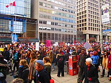 2017 Women's March in Toronto. Approximately 60 000 protestors attended. Women's march to denounce Donald Trump, in Toronto, 2017 01 21 -cs (32306906482).jpg