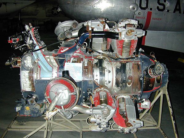 Wright R-3350 Turbo-Compound radial engine. Two exhaust recovery turbines shown outside impeller casing area (top (silver) and lower (red blading)) th