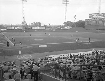 Yankees vs. K.C. Athletics at Municipal Stadium, August,1966. Former Braves Field Scoreboard visible at right