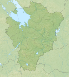 Mapa konturowa obwodu jarosławskiego, po lewej znajduje się owalna plamka nieco zaostrzona i wystająca na lewo w swoim dolnym rogu z opisem „Zbiornik Uglicki”