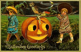 File:"Halloween Greetings." (Two boys carrying a large Jack-O-Lantern).jpg