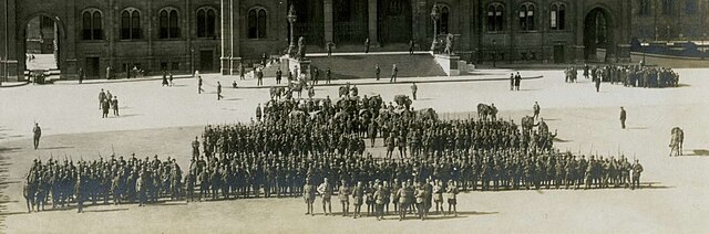 Romanian 27th Infantry Regiment in front of the Hungarian Parliament in 1919