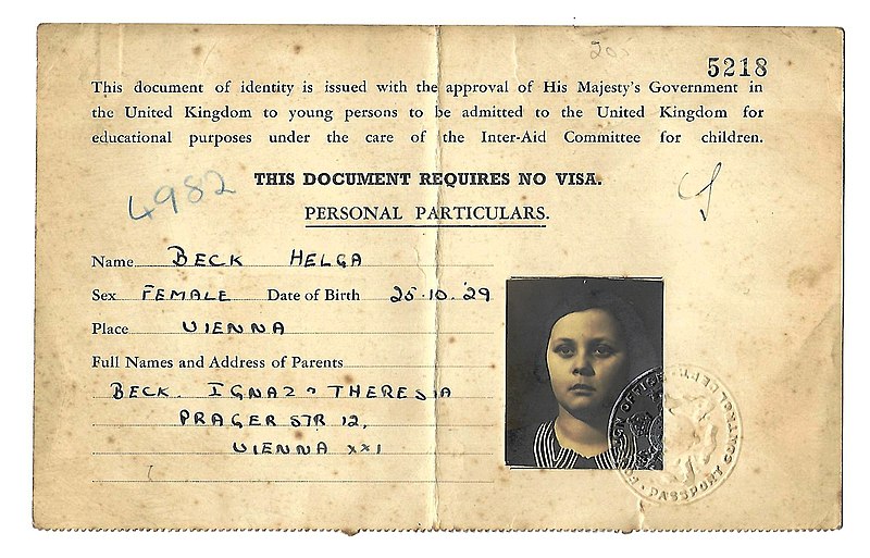 File:1939 issued Identity Document for travelling to the UK, used by a child on the Kindertransport.jpg