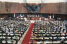Suharto delivering his inauguration speech for the sixth time as president, 1993. 1993 People's Consultative Assembly.jpg