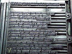 Type set up in a forme at the Plantin-Moretus Museum. Text is a sonnet by Plantin.[295][296]