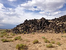 Pile of jagged black rocks with little vegetation