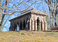 Richard Upjohn's memorial to Hezekiah Pierrepont and his family was built c. 1840s and sits on one of the few man-made hillocks in the cemetery
