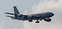 A KC-135R Stratotanker, tail number 57-1439, on final approach at Kadena Air Base in Okinawa, Japan in March 2020. It is assigned to the 22nd Air Refueling Wing and the 931st Air Refueling Wing at McConnell Air Force Base in Wichita, Kansas.