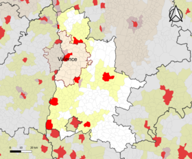 Posizione dell'area di attrazione di Valence nel dipartimento della Drôme.