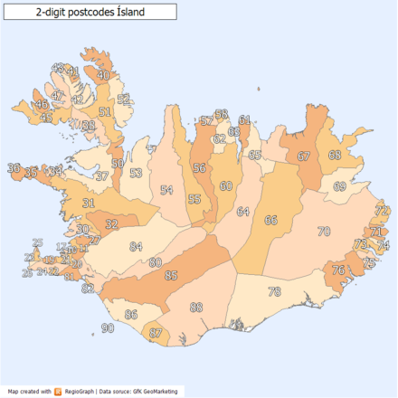 2-digit postal code areas in Iceland (defined through the first two postal code digits)