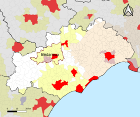 Localisation de l'aire d'attraction de Bédarieux dans le département de l'Hérault.