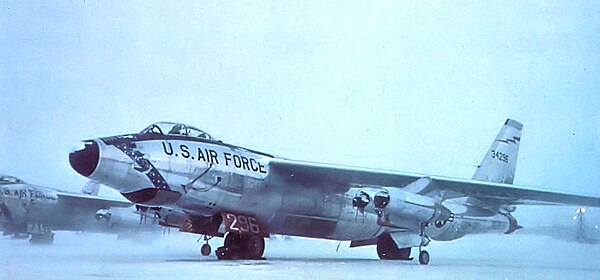 Boeing RB-47H-1-BW Stratojet Serial 53-2496 on the snowy Eielson flightline. This would be the last B-47 in active USAF service, and is now preserved 