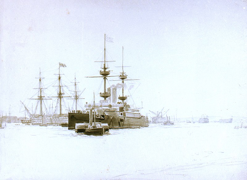 File:A 'Majestic'-class battleship and HMS 'Victory' in Portsmouth Harbour RMG PW2300.jpg