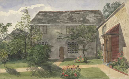 Acland Barton, 1851 watercolour by Edward Ashworth showing the mediaeval chapel wing AclandBartonLandkey ByEdwardAshworth 1851.png