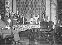 Actors recreating the first meeting of the Los Angeles Common Council in 1948. Actors recreating first meeting of Los Angeles City Council for centennial celebration, 1948.jpg