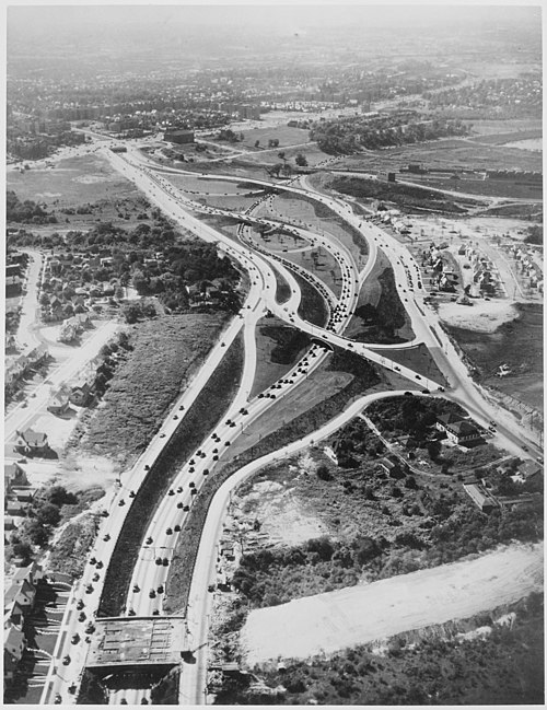 Main Street in foreground, interchange under construction around 1946.