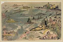 La Sortie de l'opéra en l'an 2000, a book illustration. Futuristic view of air travel over Paris as people leave the Opera. Many types of aircraft are depicted including buses and limousenes, police patrol the skies, and women are seen driving their own aircraft (text by Library of Congress), Albert Robida (1848-1926), France, 1880s.