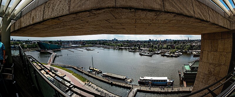 File:Amsterdam - Oosterdokskade - Amsterdam Public Library 2007 by Jo Coenen - Restaurant Floor - Panorama view on NEMO Science Center, Dutch Maritime Museum, Oosterdok, Prins Hendrikkade, Montelbaanstoren 01.jpg