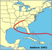 La trayectoria del huracán Andrew en 1992.