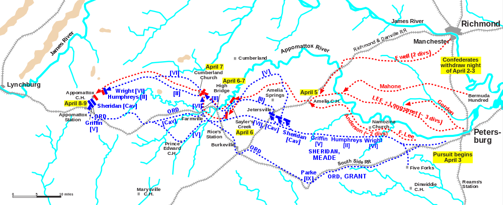 Lee's retreat in the Appomattox Campaign, April 3–9, 1865