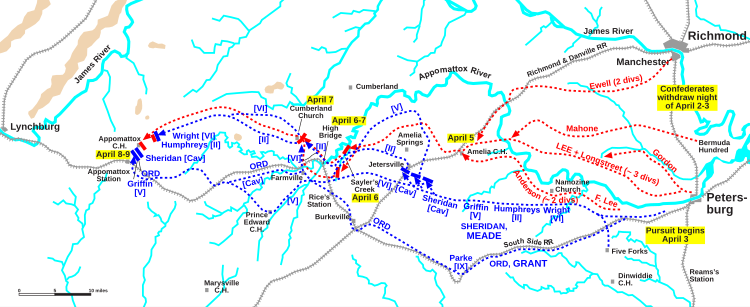 Lee's retreat in the Appomattox Campaign, April 3-9, 1865 Appomattox Campaign.svg