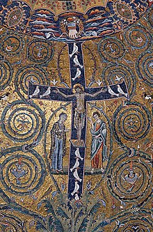 Clothed hand clutching wreath, San Clemente, Rome, 1140-43. Apsis mosaic San Clemente n2.jpg