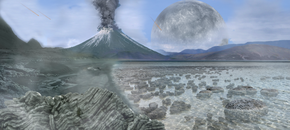 Artist's impression of Earth during its second eon, the Archean. The eon started with the Late Heavy Bombardment around 4.031 billion years ago. As depicted, Earth's planetary crust had largely cooled, leaving a water-rich barren surface marked by volcanoes and continents, eventually developing round microbialites. The Moon orbited Earth much closer, appearing much larger, producing more frequent and wider eclipses as well as tidal effects. Archean.png